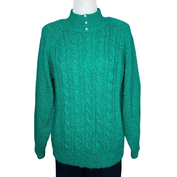 Miranda Sweaters - Vintage Cable Knit Sweater Faux Pearl Tall Collar Miranda Emerald Green Medium M